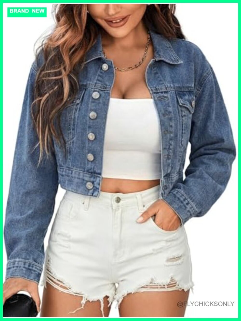 EMMIOL Cropped Denim Jacket Lapel Long Sleeve Button Front